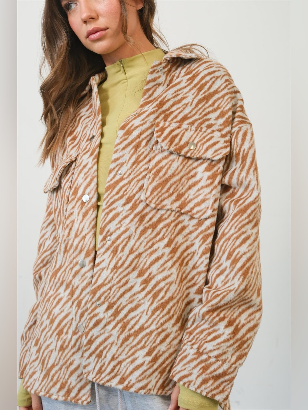 HYFVE Zebra Print Snap Down Long Sleeve Shacket